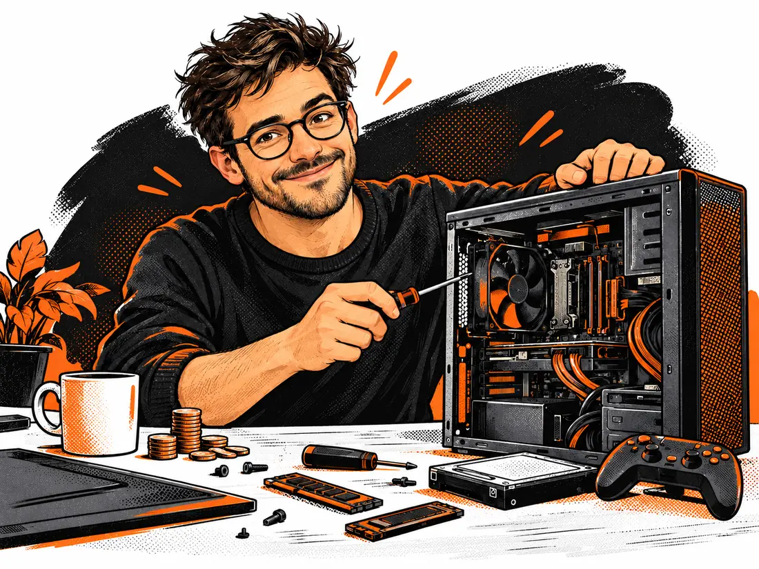 GeekRadin, avatar illustré, répare un PC à son établi