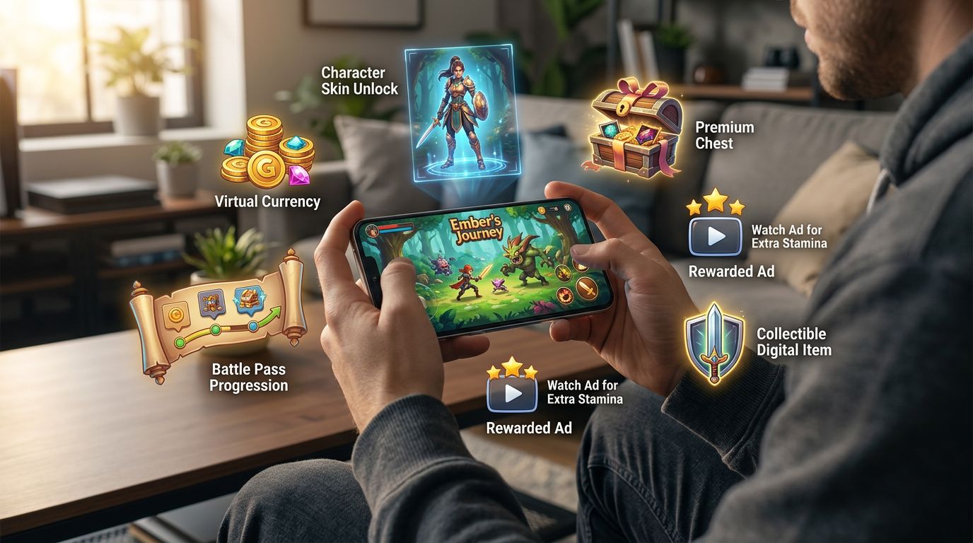 Illustration éditoriale premium sur la monétisation des jeux mobiles en 2026 : smartphone moderne affichant un jeu mobile fantasy original, autour de l’écran plusieurs éléments visuels intégrés naturellement comme monnaie virtuelle, skin de personnage, coffre premium, battle pass, publicité récompensée et objet numérique transférable, interface élégante mais fictive, joueur tenant le smartphone sans visage visible, ambiance tech moderne et gaming, profondeur cinématographique, lumière dynamique, rendu semi-réaliste haut de gamme, composition claire adaptée à un article web et Google Discover, aucun texte, aucun logo, aucune marque, aucun symbole de cryptomonnaie identifiable, format horizontal 16:9