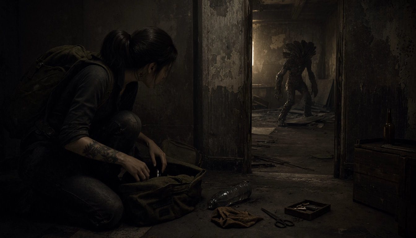 Scène d’exploration et d’infiltration dans un bâtiment abandonné inspirée du gameplay de The Last of Us