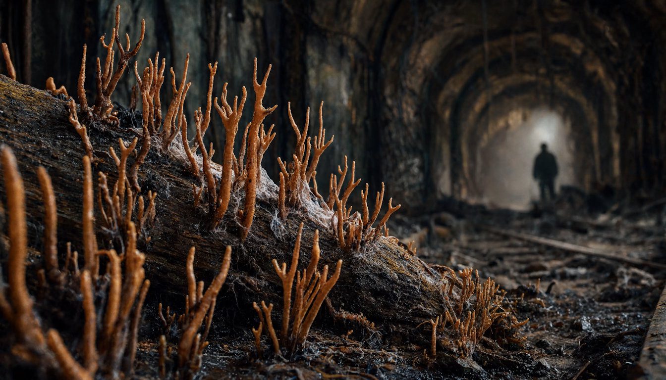 Champignons Cordyceps en gros plan dans un décor post-apocalyptique inspiré de The Last of Us