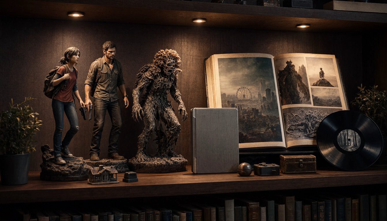 Étagère de collectionneur avec figurines, steelbook, artbook et objets collectors inspirés de The Last of Us