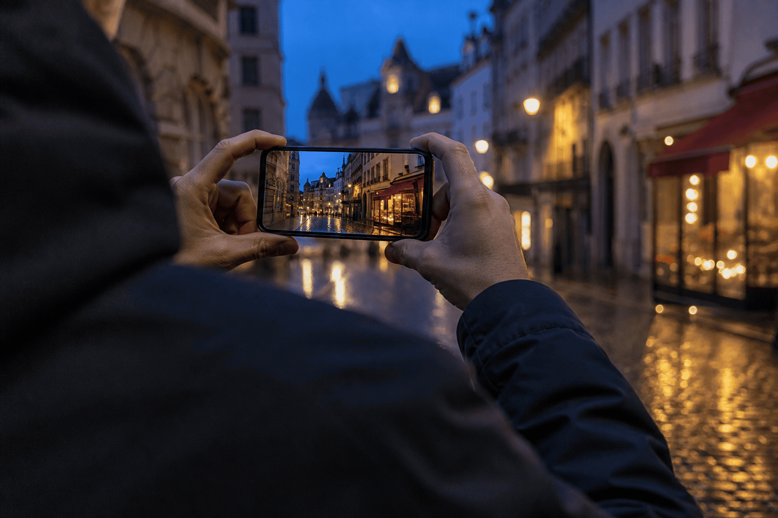Photographie urbaine de nuit réalisée avec un smartphone haut de gamme