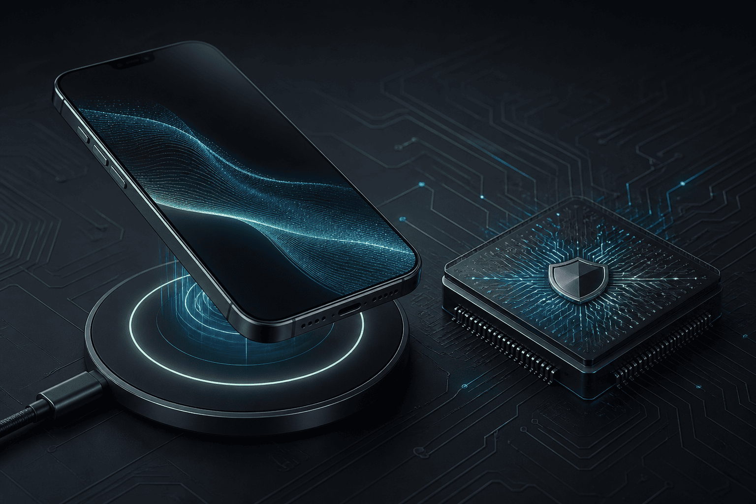 Illustration d’un smartphone, d’une puce mobile sécurisée et d’un chargeur magnétique