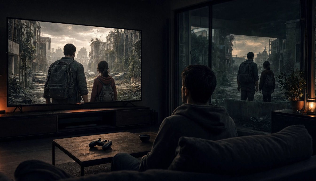 Salon sombre montrant deux façons de découvrir The Last of Us entre jeu vidéo et série télévisée
