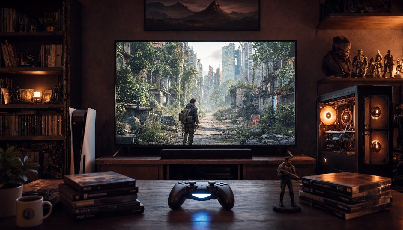 Installation gaming illustrant les différentes façons de découvrir The Last of Us entre console, écran et jeux