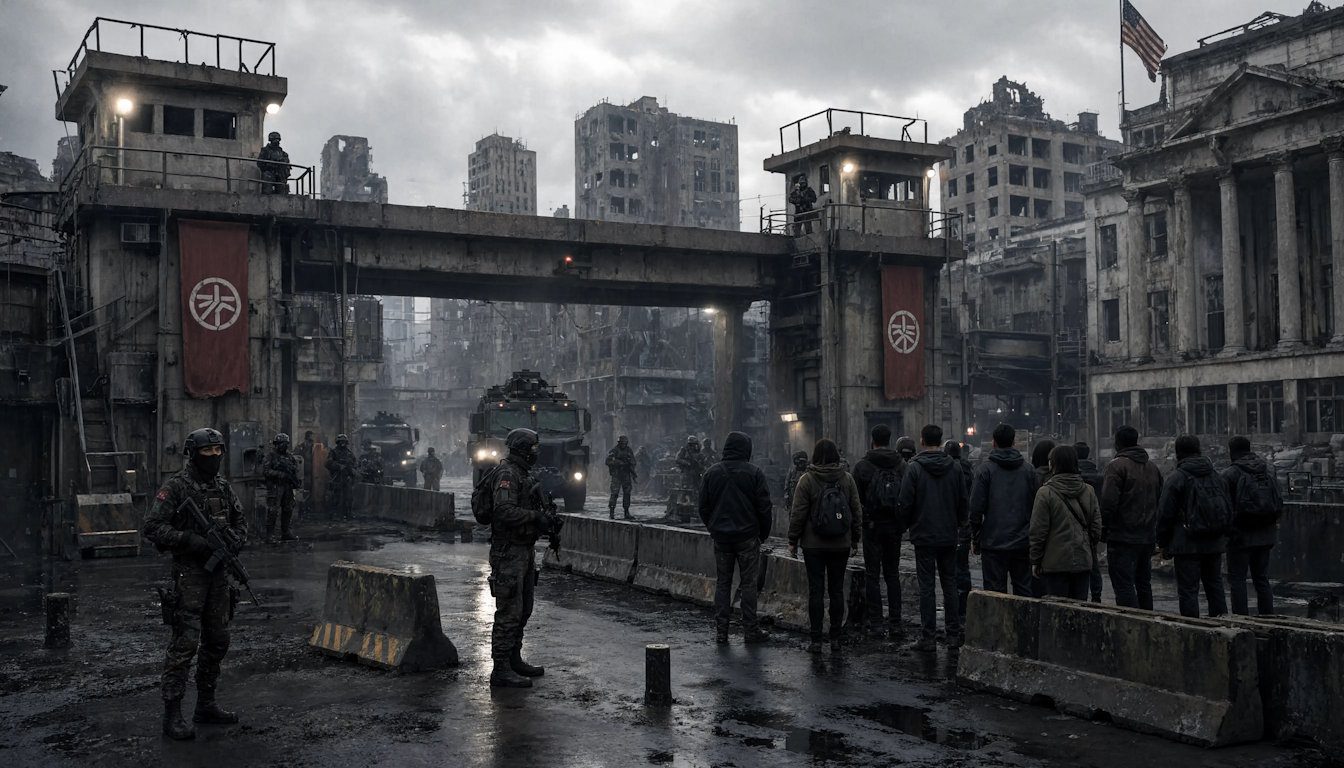 Zone de quarantaine militarisée inspirée de The Last of Us avec checkpoint, soldats et civils sous surveillance