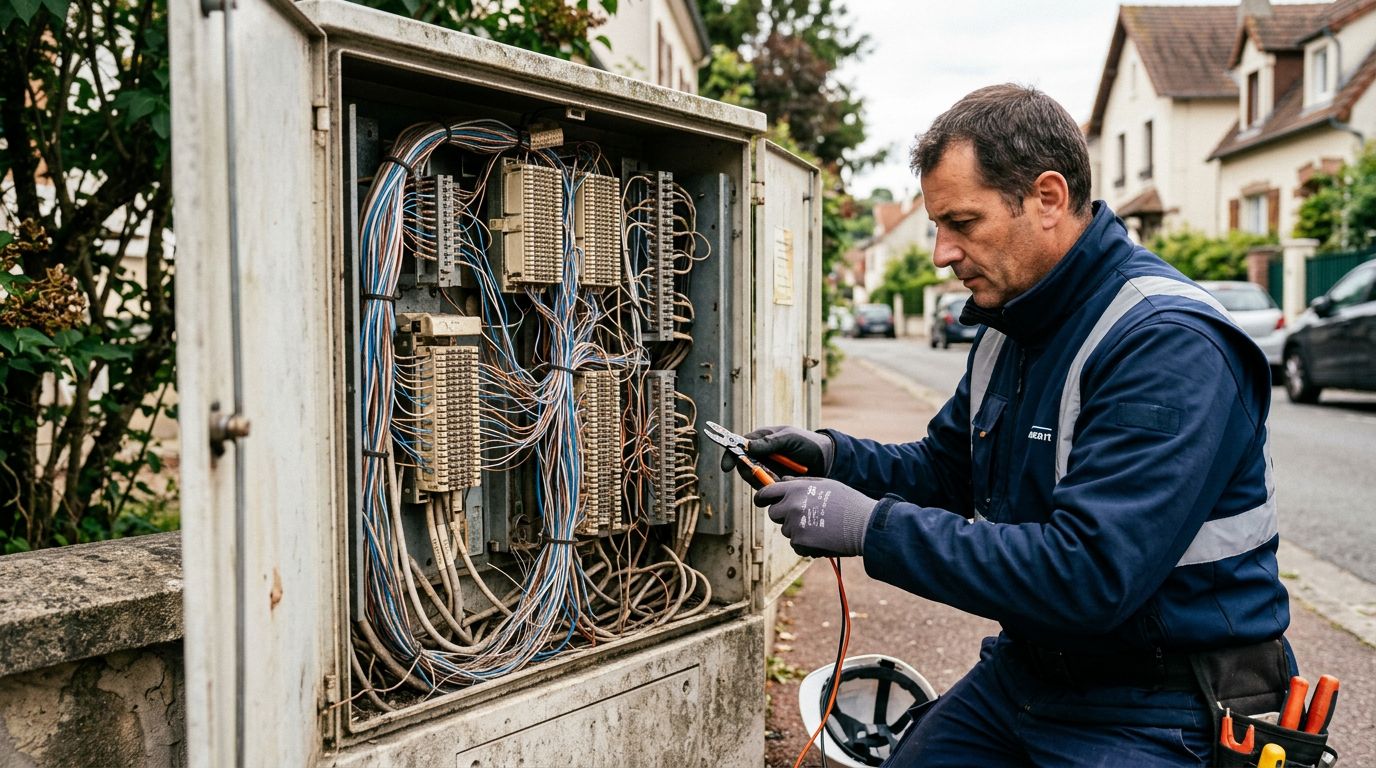 Technicien intervenant sur les câbles téléphoniques en cuivre dans une armoire de télécommunications