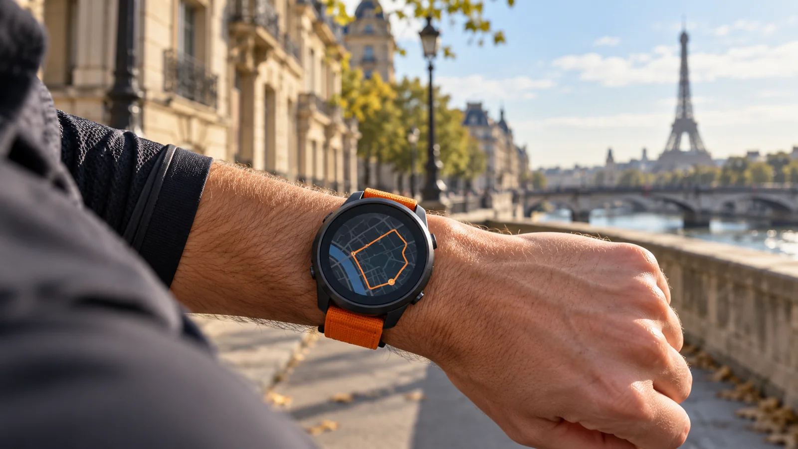 Montre GPS au poignet d’un coureur dans une rue parisienne