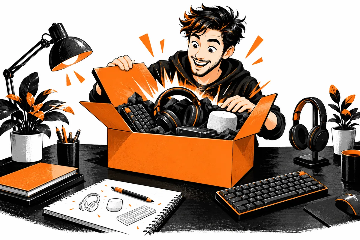 Illustration : déballage de produits high-tech pour un essai GeekRadin