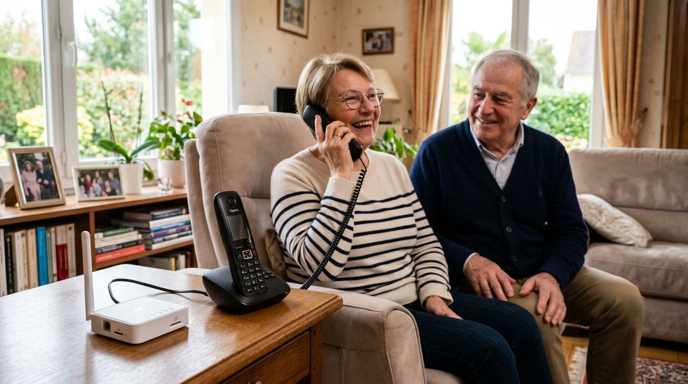 Téléphone fixe sans box Internet relié à un adaptateur 4G pour continuer à téléphoner