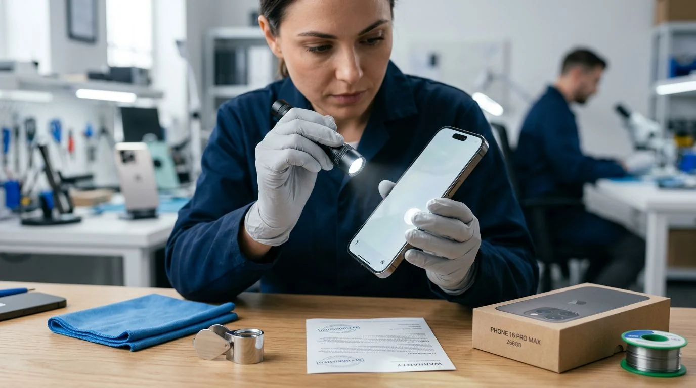 Technicien inspectant l'écran, les caméras et l'état extérieur d'un iPhone 16 Pro Max reconditionné