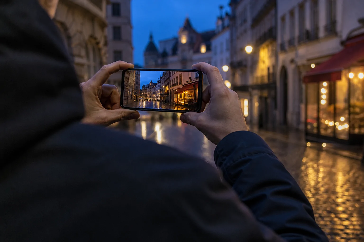 Photographie urbaine de nuit réalisée avec un smartphone haut de gamme