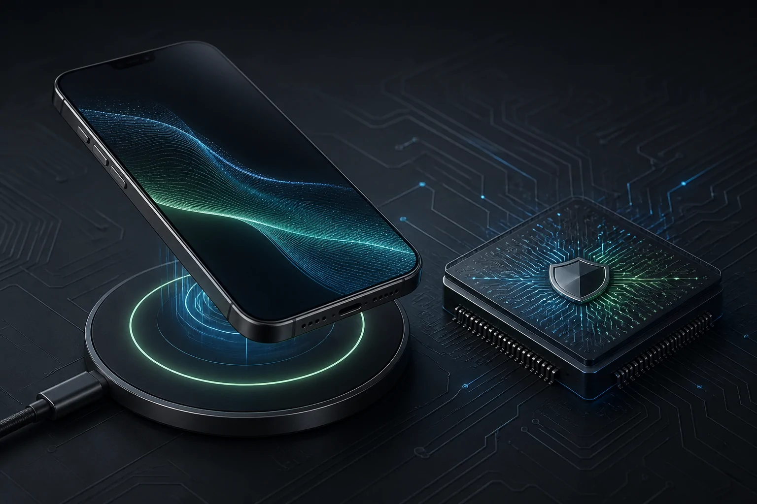 Illustration d’un smartphone, d’une puce mobile sécurisée et d’un chargeur magnétique